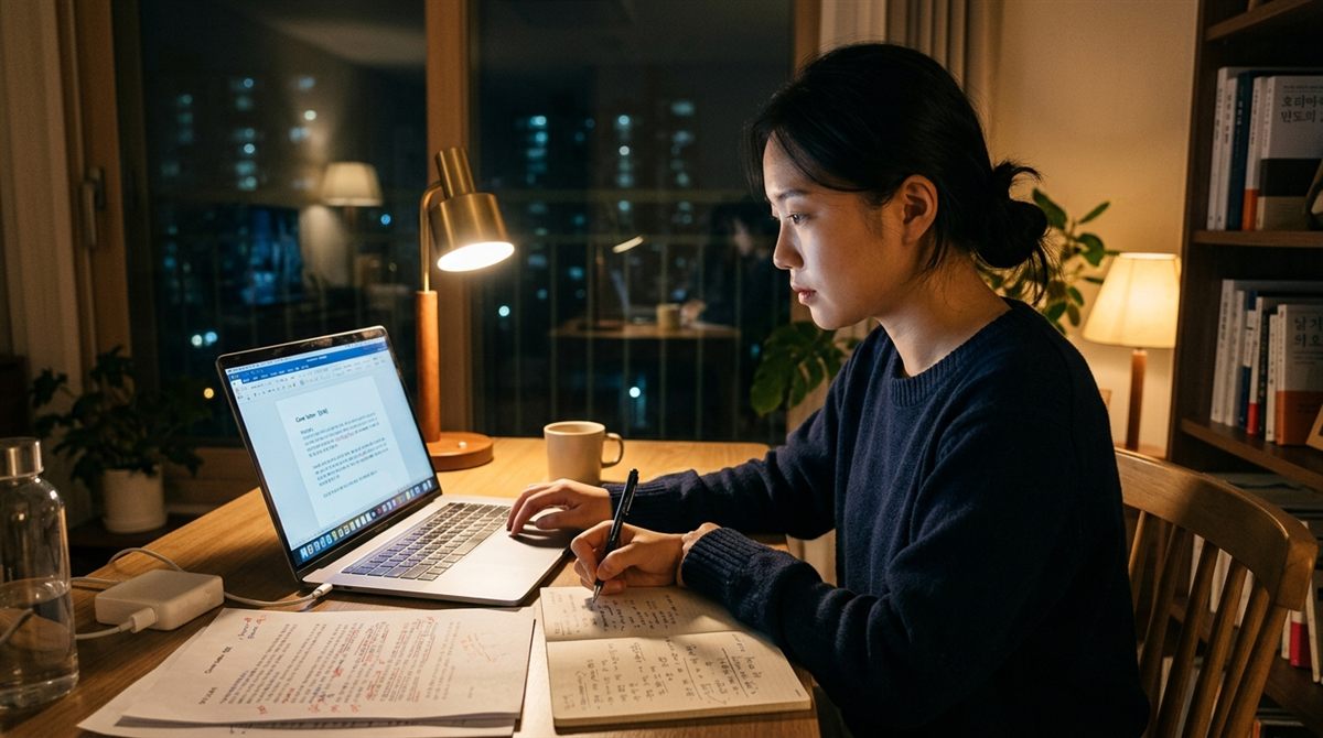 노트북으로 자소서를 첨삭하며 수정하는 취업 준비생의 책상 — AI 자소서 첨삭 가이드 커버