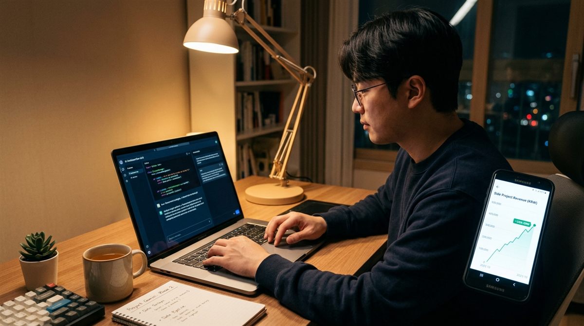 밤에 집 책상에서 노트북으로 AI 사이드 프로젝트를 하며 스마트폰으로 수익 그래프를 확인하는 모습