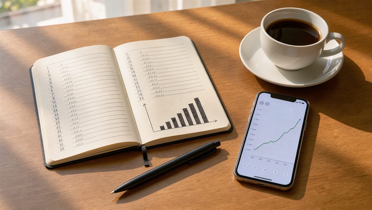 아침 햇살이 비치는 나무 책상 위, 월별 수입 메모와 막대 그래프를 그린 공책 옆에 상승 곡선이 보이는 스마트폰 화면과 커피잔이 놓인 클로즈업 장면