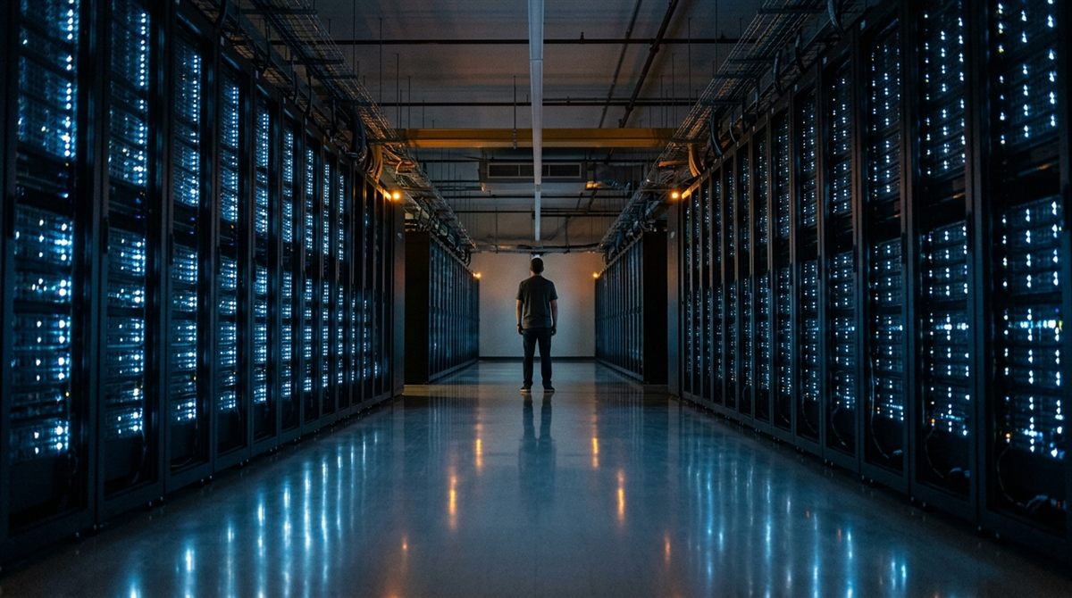 데이터센터 복도에 멈춰 서 있는 사람 — AI 개발 속도 조절 논쟁 커버 이미지